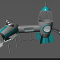 Rocket Shaped Sci Fi Toy With Blue White Design Turbine And Gun Like Structure Platform