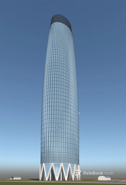 Modern Glass Facade Office Building With Tall Skyscraper Design And Blue Sky Background 3d model 