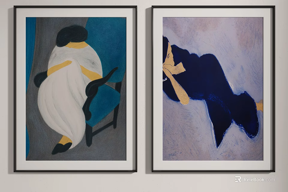 Two Art Paintings with Human Figures in Blue White Yellow Purple Hues Hanging on Wall 3d model 