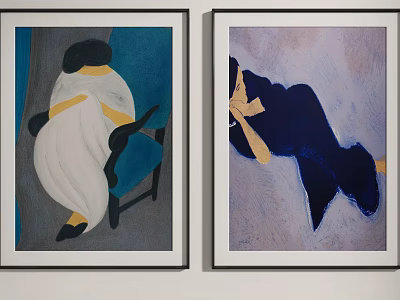 Two Art Paintings with Human Figures in Blue White Yellow Purple Hues Hanging on Wall 3d model
