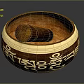 Handcrafted Wooden Bowl With Pestle Featuring Golden And Black Decorative Patterns