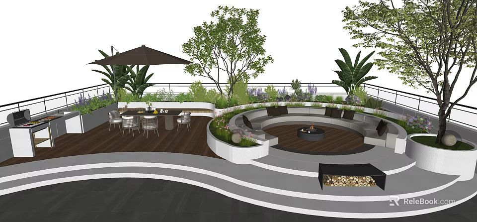 Rooftop Garden Outdoor Space With Circular Fire Pit Seating Lush Plants And Patio Area 3d model 