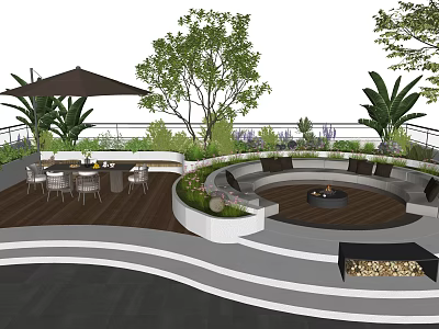 Rooftop Garden Outdoor Space With Circular Fire Pit Seating Lush Plants And Patio Area 3d model