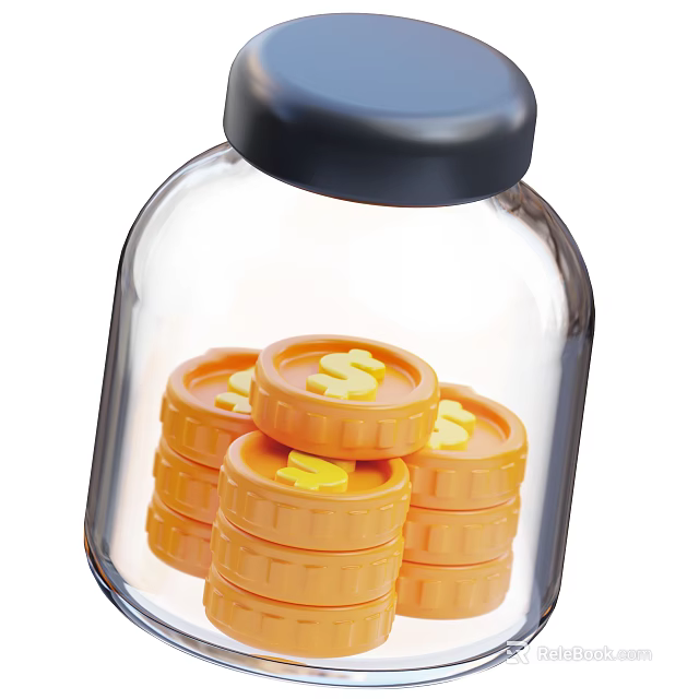 Decorative Ornament Set with Transparent Glass Jar and Stacked Orange Coins Featuring Dollar Signs 3d model 