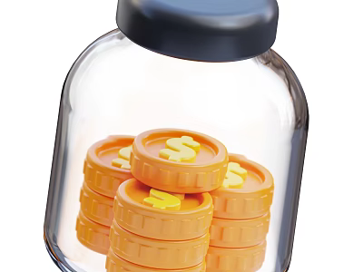 Decorative Ornament Set with Transparent Glass Jar and Stacked Orange Coins Featuring Dollar Signs 3d model