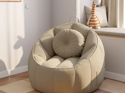 Beige Cozy Bean Bag Chair With Round Cushion In Indoor Living Room 3d model
