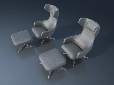 Modern Gray Armchairs and Ottomans With High Backrests Metal Legs Modern Minimalist Style 3d model