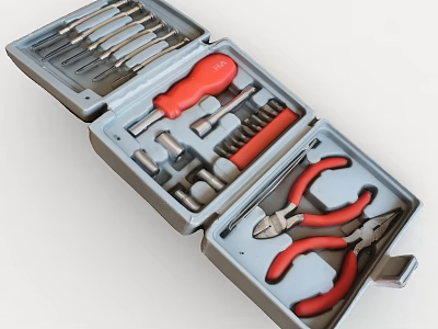 Open Gray Toolbox With Red Screwdriver Pliers And Drill Bits Organized 3d model