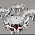 Wedding Reception Table And Chair Setup With White Tablecloths Red Sashes And Floral Centerpieces