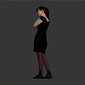 Woman in Black Dress and Stockings Standing with Hand on Cheek Against Gray Background
