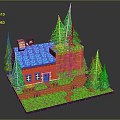 Cartoon Scene With Red House Blue Roof Green Pine Trees And Small Fence
