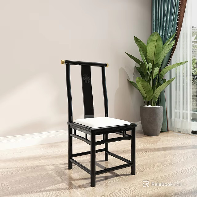 Black Dining Chair With White Cushion Carved Backrest And Green Plant In Light Wooden Floor 3d model 