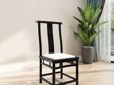 Black Dining Chair With White Cushion Carved Backrest And Green Plant In Light Wooden Floor 3d model