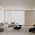 Modern Living Dining Room Interior With Light Sofa Coffee Table TV Wall and Curtains