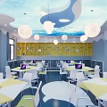 School Modern Classroom With Starry Sky Ceiling White Pendant Lights Large Screen And Colorful Desks