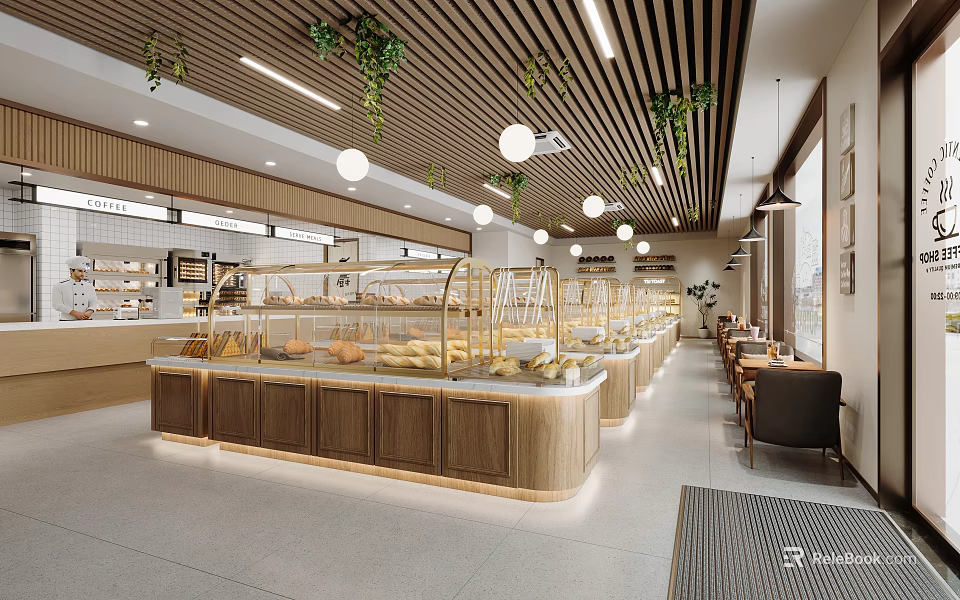 Pastry Shop Interior With Wooden Display Cases Fresh Pastries Hanging Green Plants And Seating Area 3d model 