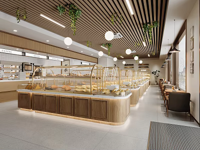 Pastry Shop Interior With Wooden Display Cases Fresh Pastries Hanging Green Plants And Seating Area 3d model
