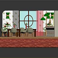 Cartoon Room Scene With Tables Chairs Green Lamp Wall Pictures And Curtained Window