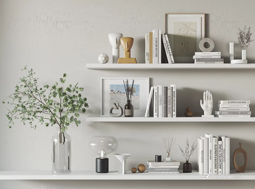 Decorative Ornament Set Display On White Shelves With Books Plant Frames Sculptures And Diffusers 3d model