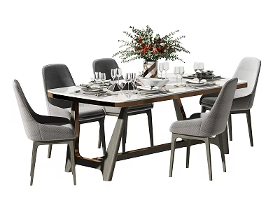 Modern Dining Table Set With Upholstered Chairs Tableware Wine Glasses And Floral Centerpiece 3d model