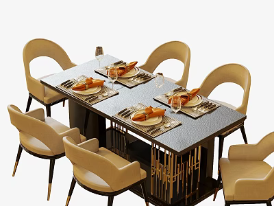 Modern Elegant Dining Table Set with Chairs Placemats Utensils and Wine Glasses 3d model