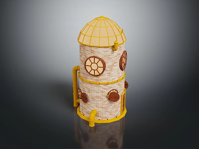 Ornate Tower Building Featuring Yellow Framework Brick Red Walls Decorative Circular Windows And Dome 3d model