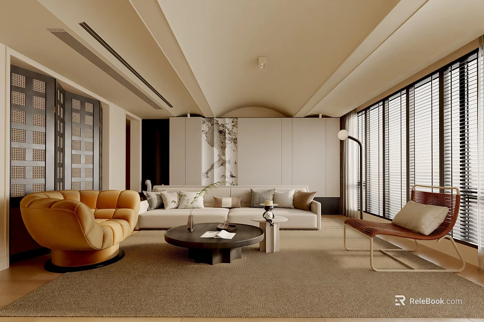 Modern Living Room Interior With Sofa Armchair Coffee Table Rug And Large Windows 3d model 