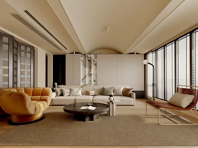 Modern Living Room Interior With Sofa Armchair Coffee Table Rug And Large Windows 3d model