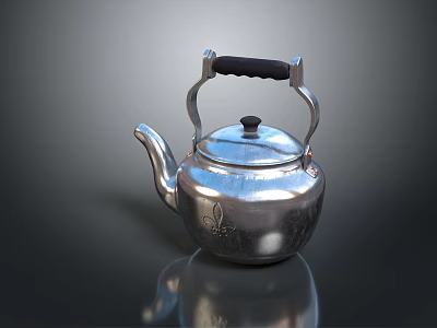 Shiny Silver Teapot With Black Handle On Smooth Reflective Surface 3d model