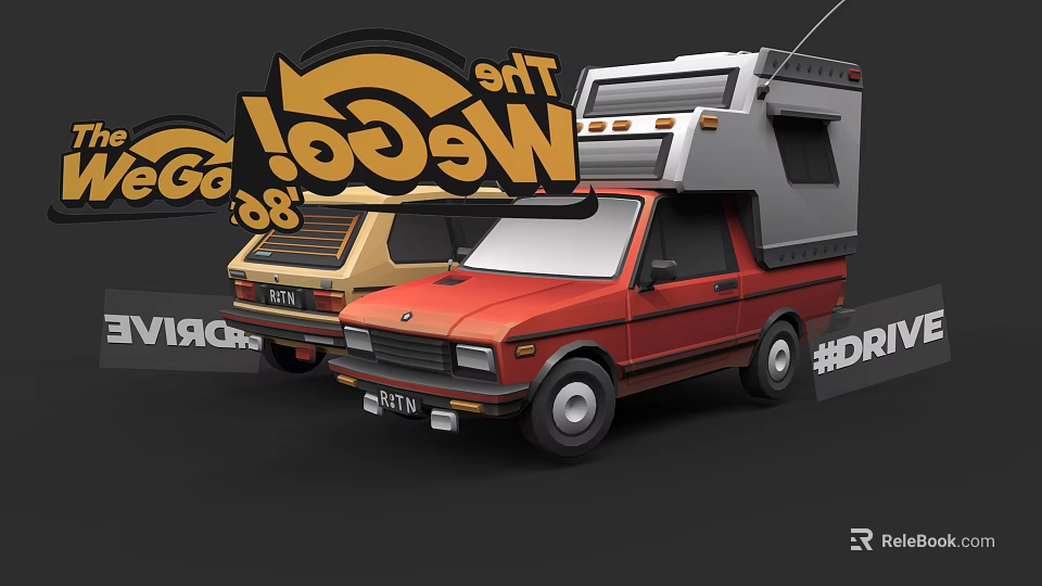 Retro Style WeGo Cartoon Cars In Red And Beige With Small Truck Design 3d model 