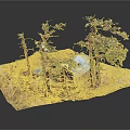 Rustic Log Cabin Model With Blue Roof Surrounding Trees And Dirt Ground