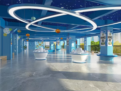 Modern Blue Exhibition Hall Interior With Circular Pendant Lights White Display Podiums And Shelves 3d model