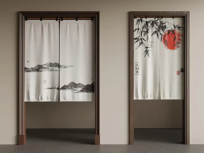 Traditional Japanese Style Door Curtains With Mountain Water Painting Bamboo Red Circle And Chinese Characters 3d model