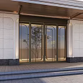 Modern Building Entrance Door With Glass Panels Metal Frame White Wall And Tree Reflection