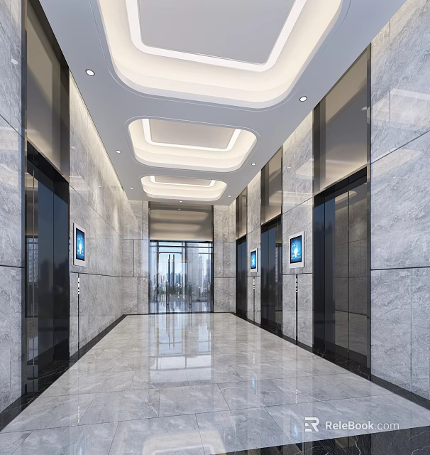 Modern Elevator Lobby Interior With Marble Walls Elevator Doors Polished Floors And Lighting 3d model