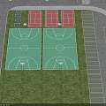 Two Green Basketball Courts With Red Tennis Courts And Spectator Seating Areas