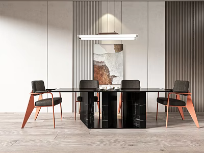 Modern Black Marble Dining Table Set With Copper Leg Chairs And Pendant Light 3d model