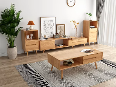Modern Wooden TV Stand With Coffee Table Potted Plant Wall Art And Decor Items 3d model