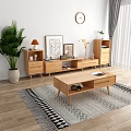 Modern Wooden TV Stand With Coffee Table Potted Plant Wall Art And Decor Items