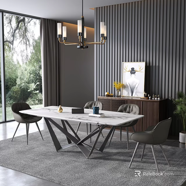 Modern Dining Table Set With Marble Top Grey Chairs And Vertical Striped Wall 3d model