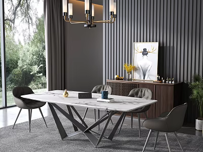 Modern Dining Table Set With Marble Top Grey Chairs And Vertical Striped Wall 3d model