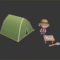 Game and Movie Character With Green Tent Small Table Camping Supplies And Shovel