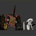 Vintage Red Functional Tractor With Wheelbarrow White Plastic Chair Oil Barrel And Red Toolbox