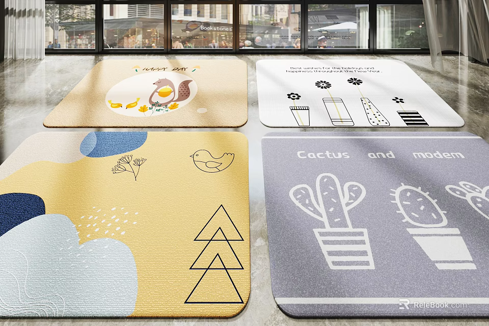 Square Rugs with Cartoon Patterns Geometric Shapes Cactus and Bird Designs 3d model 