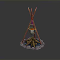 Wooden Tripod and Stone Fire Pit Setup with Hanging Pot and Burning Flames
