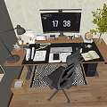 Modern Home Office Desk With Computer Monitor Digital Clock Lamp And Organized Supplies