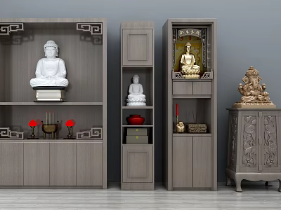 Traditional Wooden Buddhist Shrine Cabinet With Buddha Statues And Decorative Shelves 3d model
