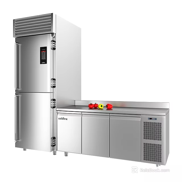 Stainless Steel Commercial Kitchen Equipment With Upright Refrigerator And Under Counter Freezer Worktop 3d model 