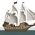 Tall Sailing Ship With Multiple White Sails Red Flags And Wooden Hull On Calm Water