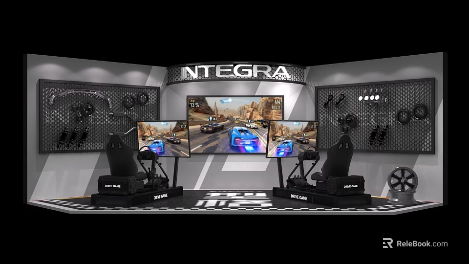 Integra Racing Simulator Setup Featuring Multiple Screens Racing Seats And Steering Wheels 3d model
